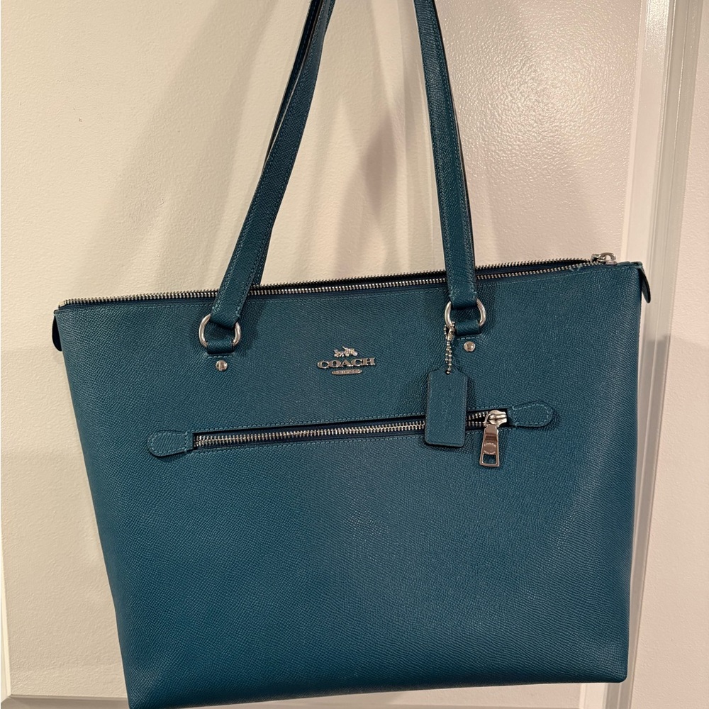 Coach Teal Saffiano Leather Tote with Front Zip